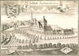 Ansicht des Schlosses von Salmanskirchen bei Ampfing, Bayern, maa. Stich von Michael Wening